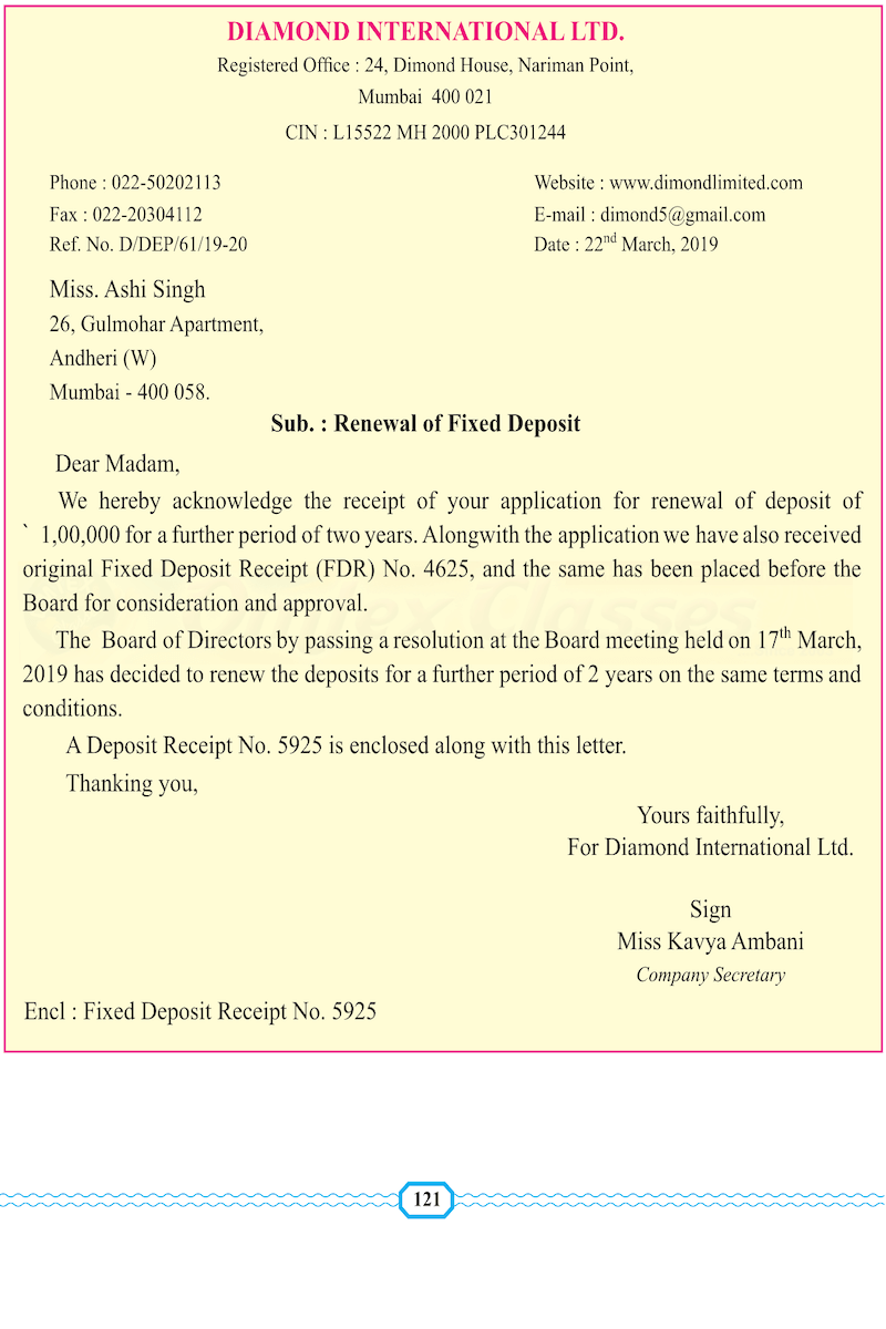 Write a letter to the depositor regarding renewal of his deposit.