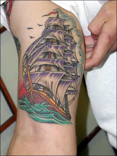 pirate ship tattoo. Great colorful old ship tattoo