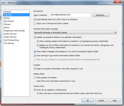 Lync options page