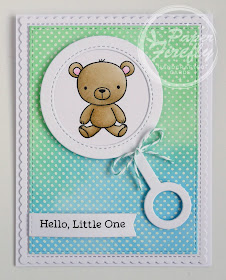 Handmade baby boy card using baby rattle and Hello Little One stamp set from My Favorite Things