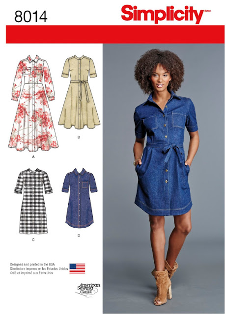 The front cover of Simplicity 8014 sewing pattern showing 4 variations of a shirt dress