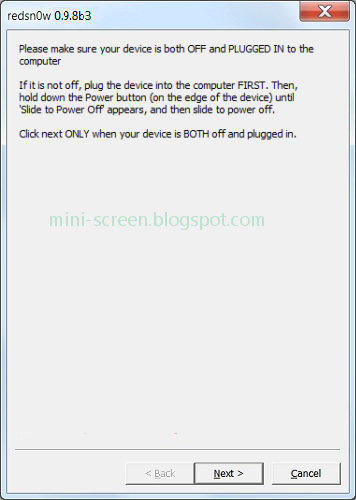 Tethered Jailbreak on Windows 7: Redsn0w 0.9.8b3 Request Confirmation to Turn Off iPhone