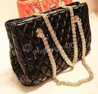 PU Leather Fashionable Trendy Soft Quilted Metal Chain Black Handle Shoulder Bag Satchel Purse Hobo Handbag Tote 