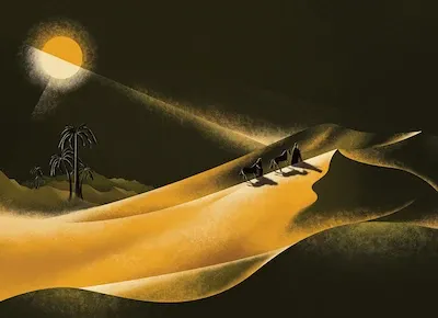 الخيميائي وسنتياجو يسيران أثناء رحلتهما في الصحراء ضمن أحداث رواية الخيميائي لباولو كويلهو