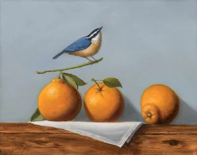 Small Bird on Orange branch painting Patt Baldino