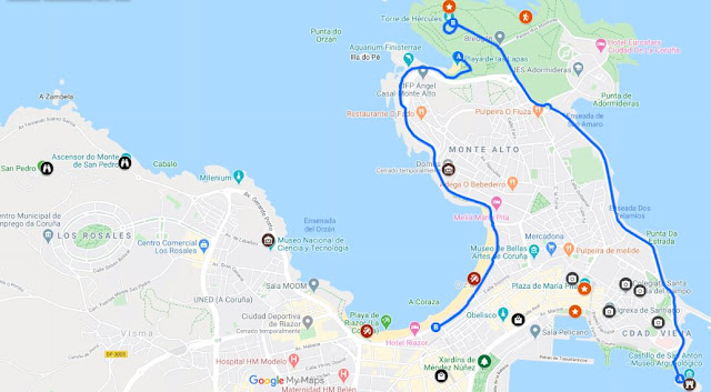 mapa con los lugares que visitar en A Coruña