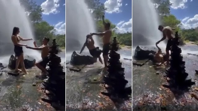 Noiva escorrega em cachoeira ao dizer 'sim' ao pedido de casamento e viraliza nas redes