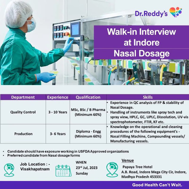 Job Available's Dr Reddy's Walk In Interview for BSc/ MSc/ B Pharma/ Diploma Engineering