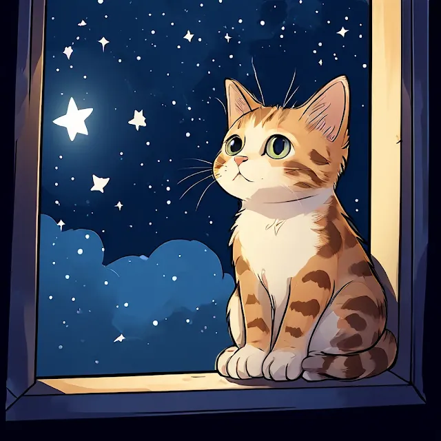 Gato en una ventana viendo las estrellas. Arte digital