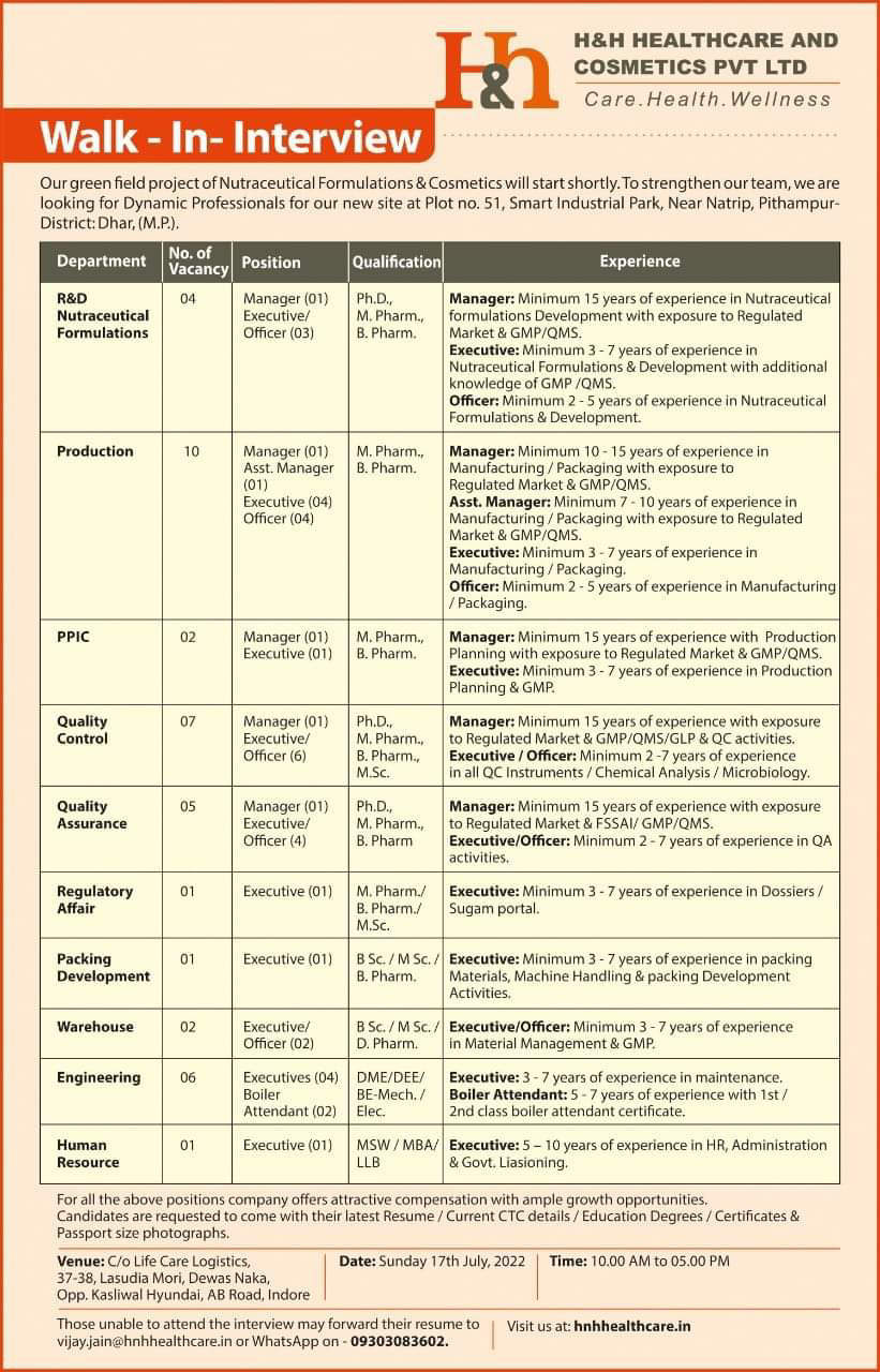 Job Available's for H&H Healthcare And Cosmetic Pvt Ltd Walk-In Interview for Ph D/ M Pharm/ B Pharm/ MSc/ BSc/ D Pharm/ MBA/ LLB