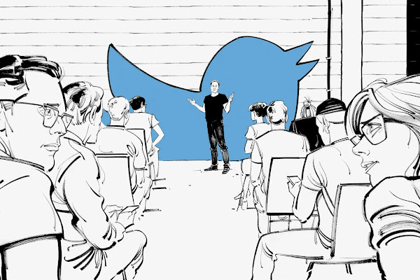 Illustration of a meeting room filled with people with Elon Musk speaking in the middle and a large Twitter logo in the background