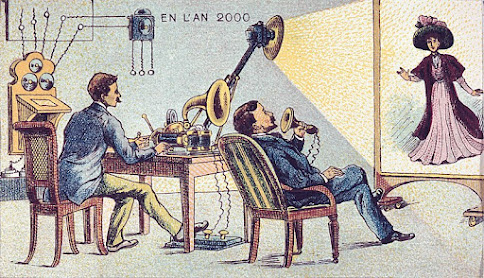 19th century illustration of a gentleman using an electronic apparatus to view an image of a woman.