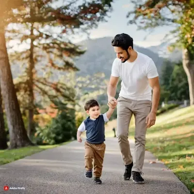 a father and a son walking on a track