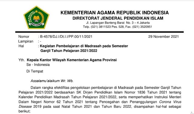 Surat Edaran Tentang Pembelajaran Madrasah Semester Ganjil Tahun Pelajaran 2021/2022