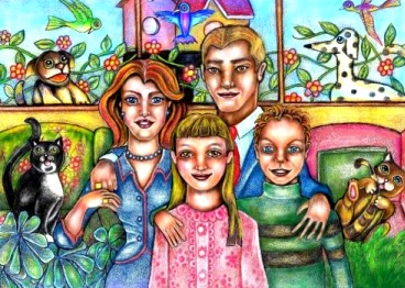 Dibujo de una familia a colores y con animales