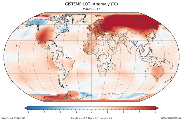 global warming, LOTI, march 2017, weathervn