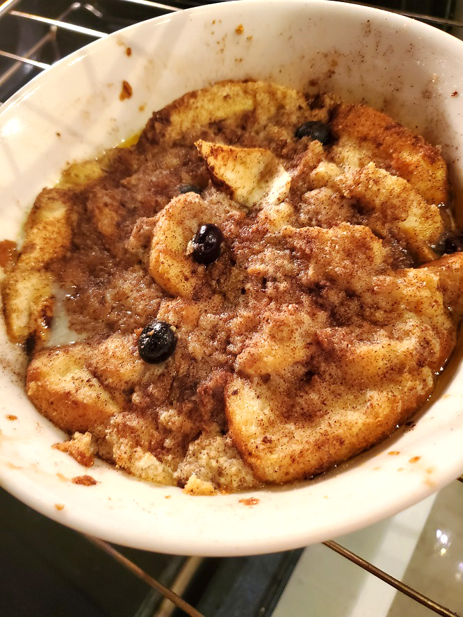 this is a baked french toast in a revol baking dish