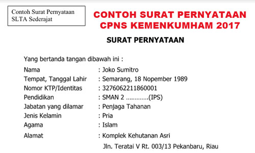 Gambar untuk Contoh Format Surat Pernyataan CPNS Kemenkumham S1 D3 dan SLTA