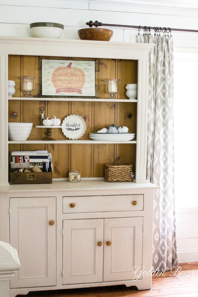 Chalk painted pine farmhouse hutch in fall dining room