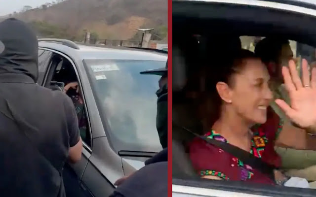 La Candidata Claudia Sheinbaum atraviesa reten de Cártel de Sinaloa, los escucho, saludo y siguió su camino