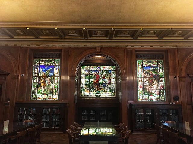 stained glass windows inside a library at Baylor University