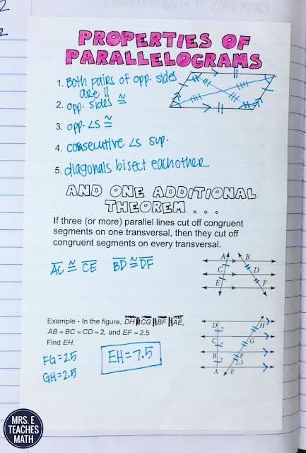 properties of parallelograms interactive notebook page