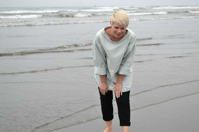 beach, ocean, denim, short haircut, blonde, lifestyle, washington, travel