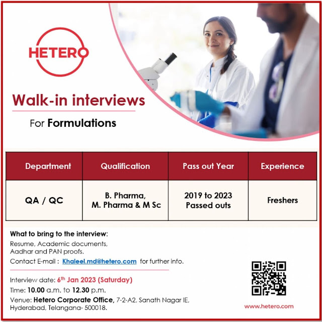 Hetero Walk In Interview For Fresher B Pharma, M Pharma & MSc - QA/ QC Dept