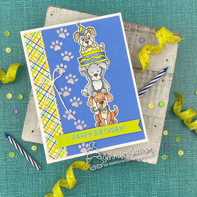 Dog Birthday Card with Hot Foil by Jennifer Jackson | Birthday Barks Stamp Set, Paw Prints Hot Foil Plate, Birthday Greetings Hot Foil Plates and Banner Duo Die Set by Newton's Nook Designs