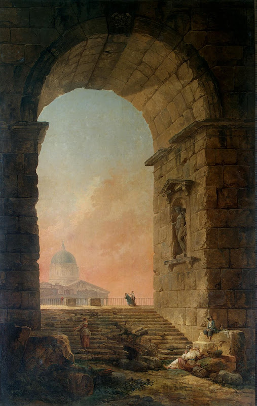 Landscape with an Arch and The Dome of St Peter's in Rome by Hubert Robert - Architecture, Landscape Paintings from Hermitage Museum