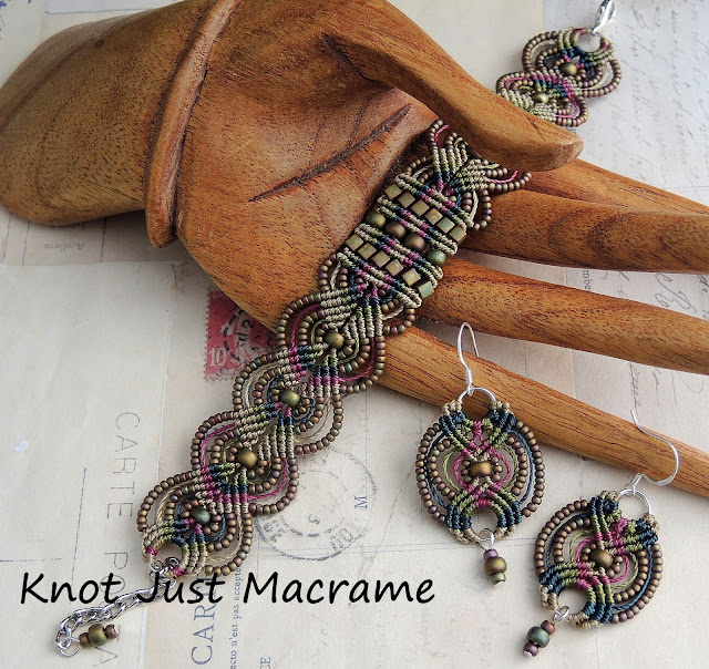 Micro macrame bracelet and earrings in raku colors by Sherri Stokey of Knot Just Macrame