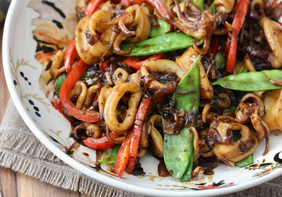 Stir-Fried Squid with Black Bean Sauce in a bowl.
