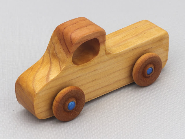 Wood Toy Truck, Handmade Pickup from the Play Pal Series Finished with Amber Shellac and Metallic Blue Acrylic Paint