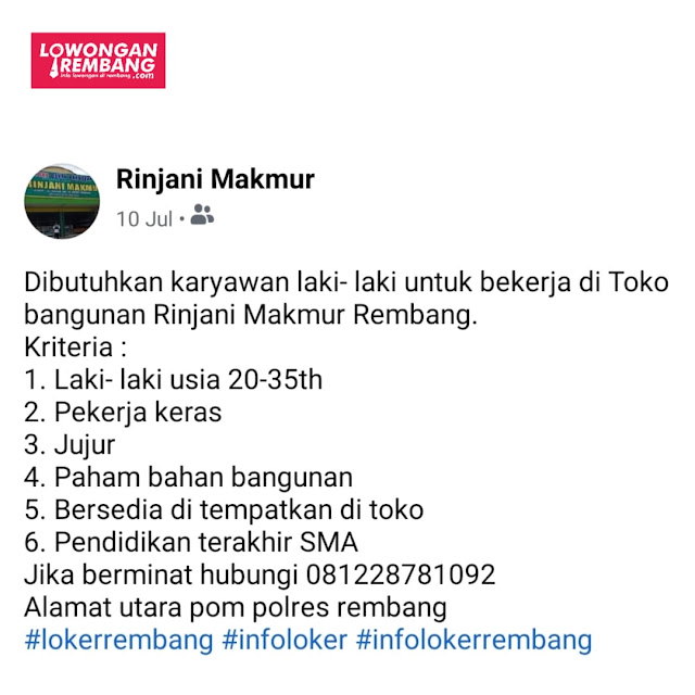 Lowongan Kerja Karyawan Toko Bangunan Rinjani Makmur Rembang