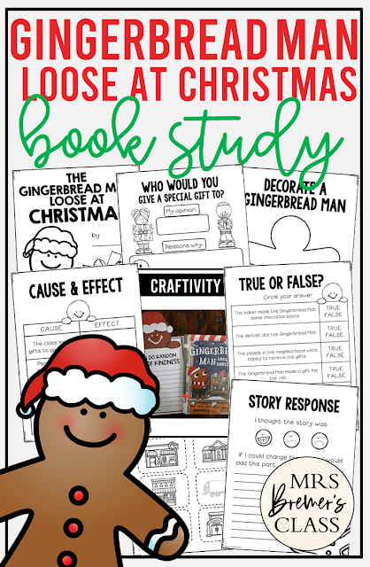 Gingerbread Man Loose at Christmas book activities unit with literacy printables, reading companion activities and a craft for Kindergarten and First Grade