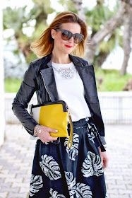 Giorgia & Johns felpa pietre e tulle, leather peplum jacket, palm leaves print skirt, Fashion and Cookies, fashion blogger