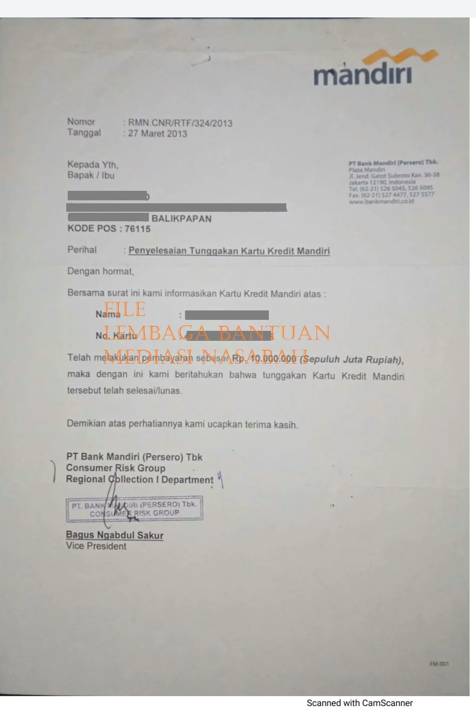 Surat keterangan lunas yang dikeluarkan Bank Mandiri hasil Mediasi/Negosiasi LBMN  pada Mediasi ke 1147 bulan Februari 2022