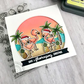 Sunny Studio Stamps: Stitched Semi-Circle Dies Fabulous Flamingos Catch A Wave Dies Tropical Scenes Christmas Card by Tammy Stark