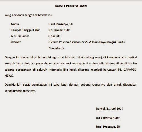 Contoh Surat Pernyataan Kesanggupan Diri Kerja 