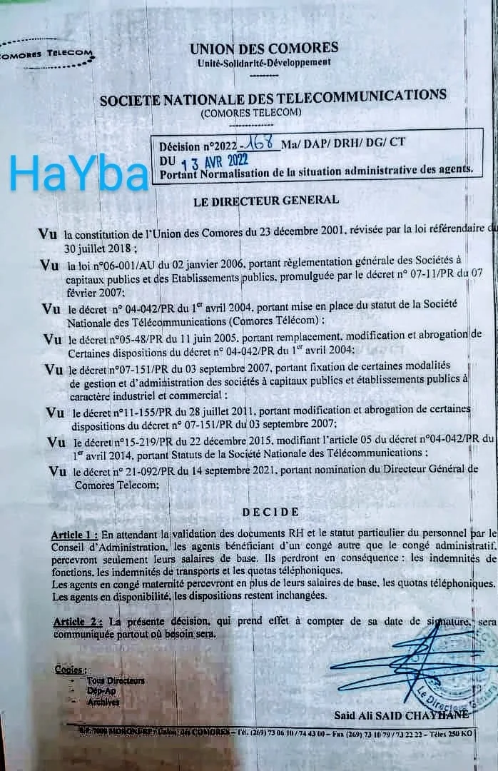 Comores Telecom : Chayhane enlève des indemnités de congé aux agents