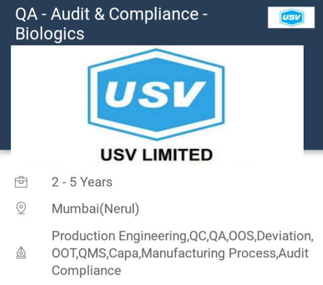 USV limited | Recruitment for Quality Assurance - Audit & Compliance | Apply Online