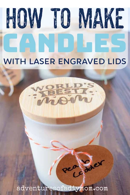 candle with paper tag and laser engraved wood lid