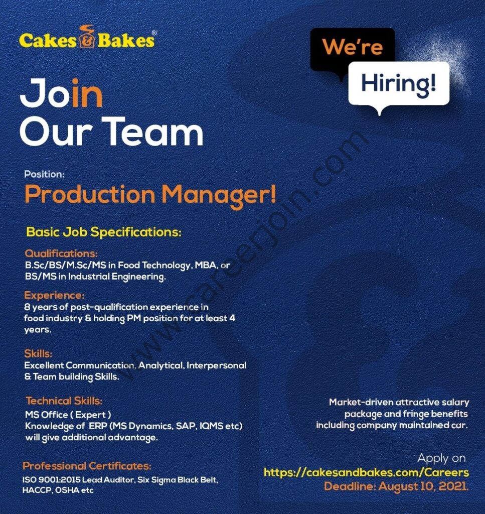 Cakes & Bakes Pakistan Jobs Production Manager