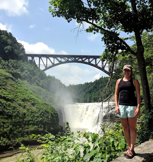 Upper Falls waterfall and train bridge Letchworth State Park