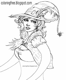 Printable magical colouring book pages very pretty lady cute witch Halloween drawings for teenagers