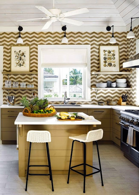kitchen with chevron papered walls