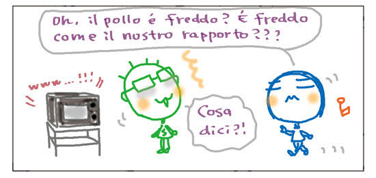 www...!!! Oh, il pollo e' freddo? E' freddo come il nosto rapporto??? Cosa dici?!