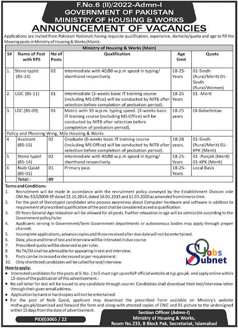 Ministry of Housing and Works Govt Jobs 2022-Online Apply