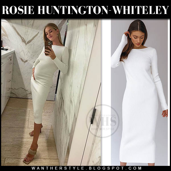 Rosie Huntington-Whiteley in white fitted midi dress and sandals