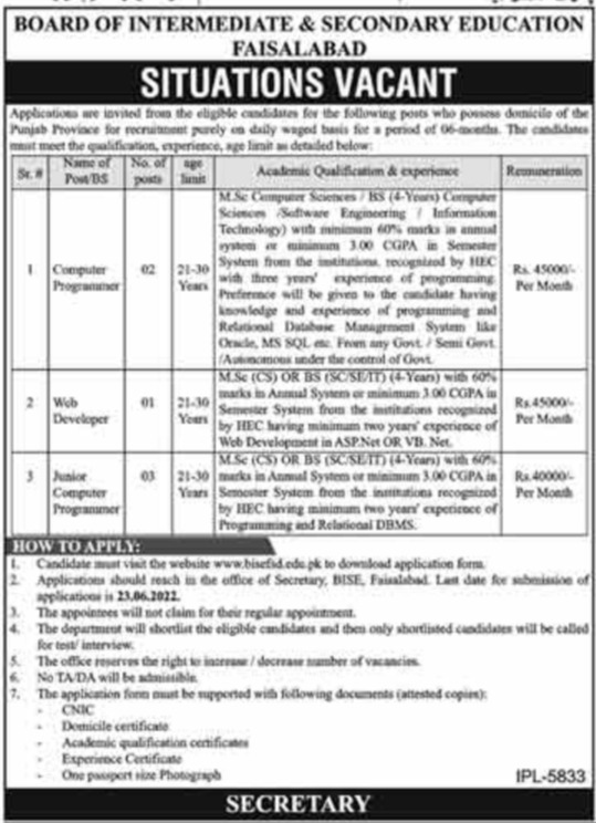 Latest BISE Faisalabad IT Posts Faisalabad 2022